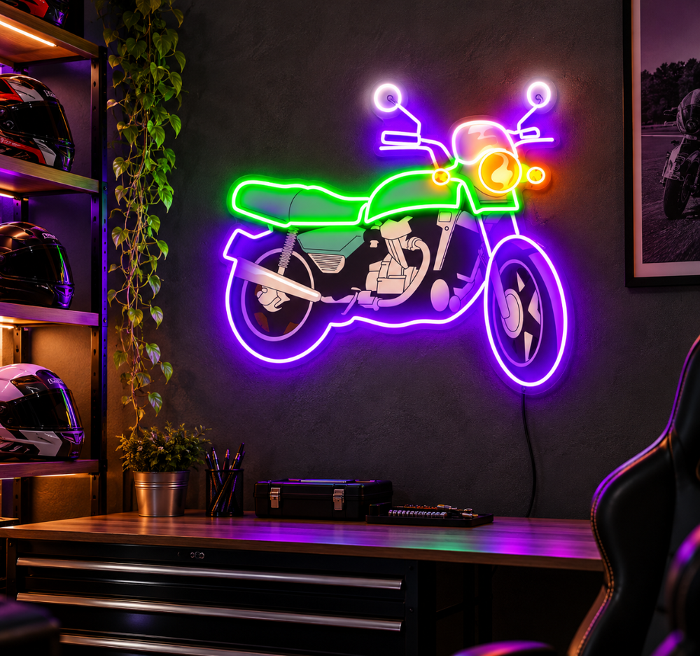 Vintage Motorcycle UV Neon Sign – Colorful Bike Wall Decor