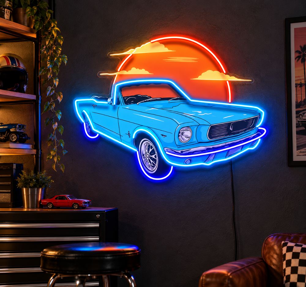 Classic Blue Mustang UV Neon Sign – Vintage Car Wall Decor