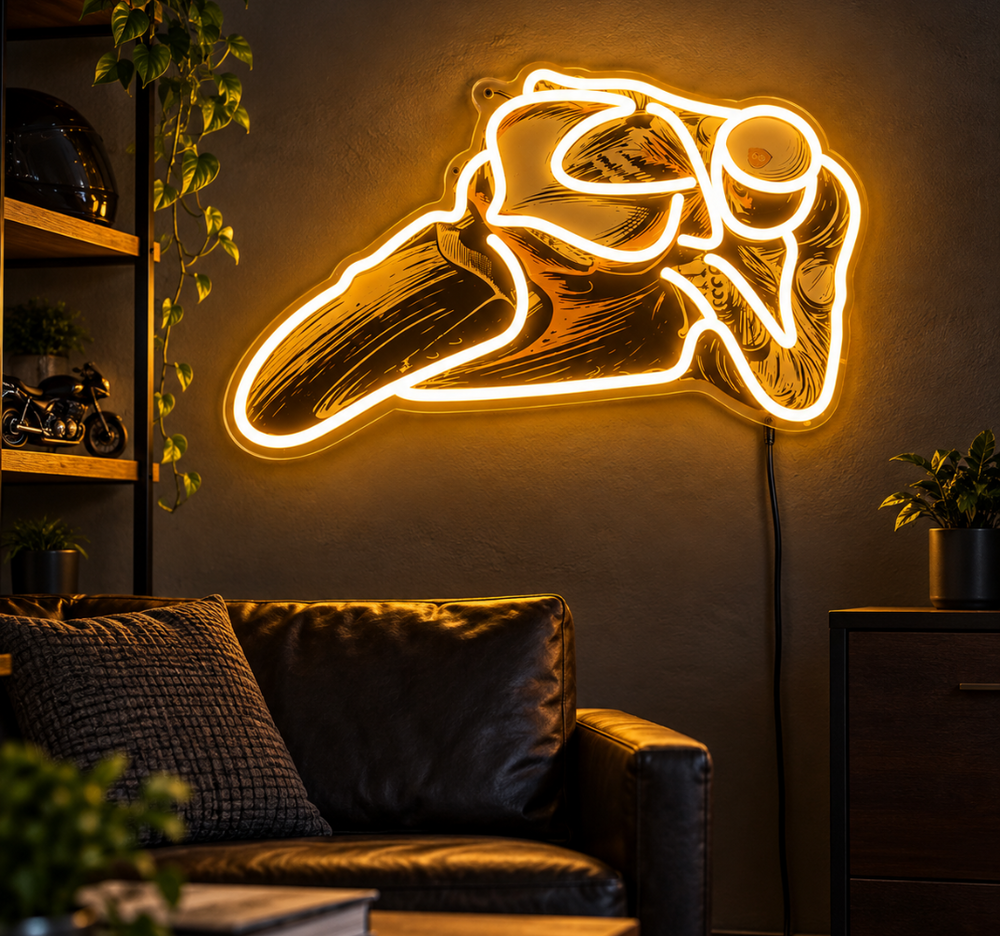 Motorcycle Racer UV Neon Sign – Golden Racing Wall Decor