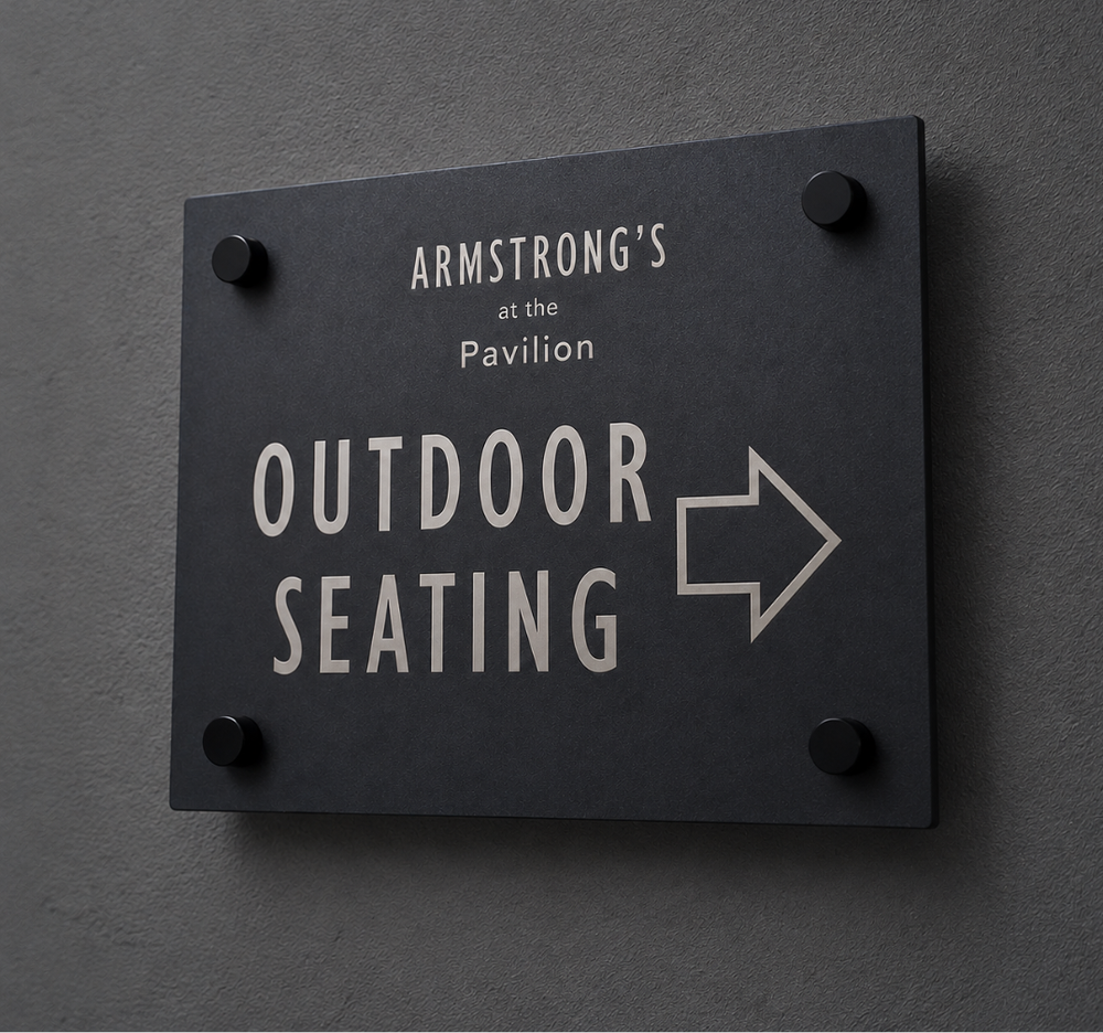 Custom Outdoor Seating Directional Sign – Business Wall Decor