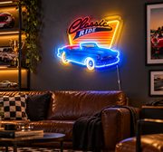 Classic Ride Neon Blue Vintage Car Wall Art