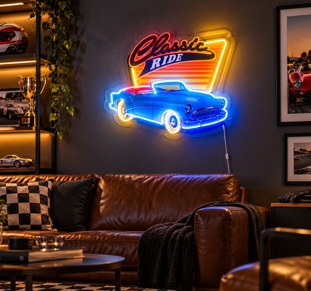Classic Ride Neon Blue Vintage Car Wall Art