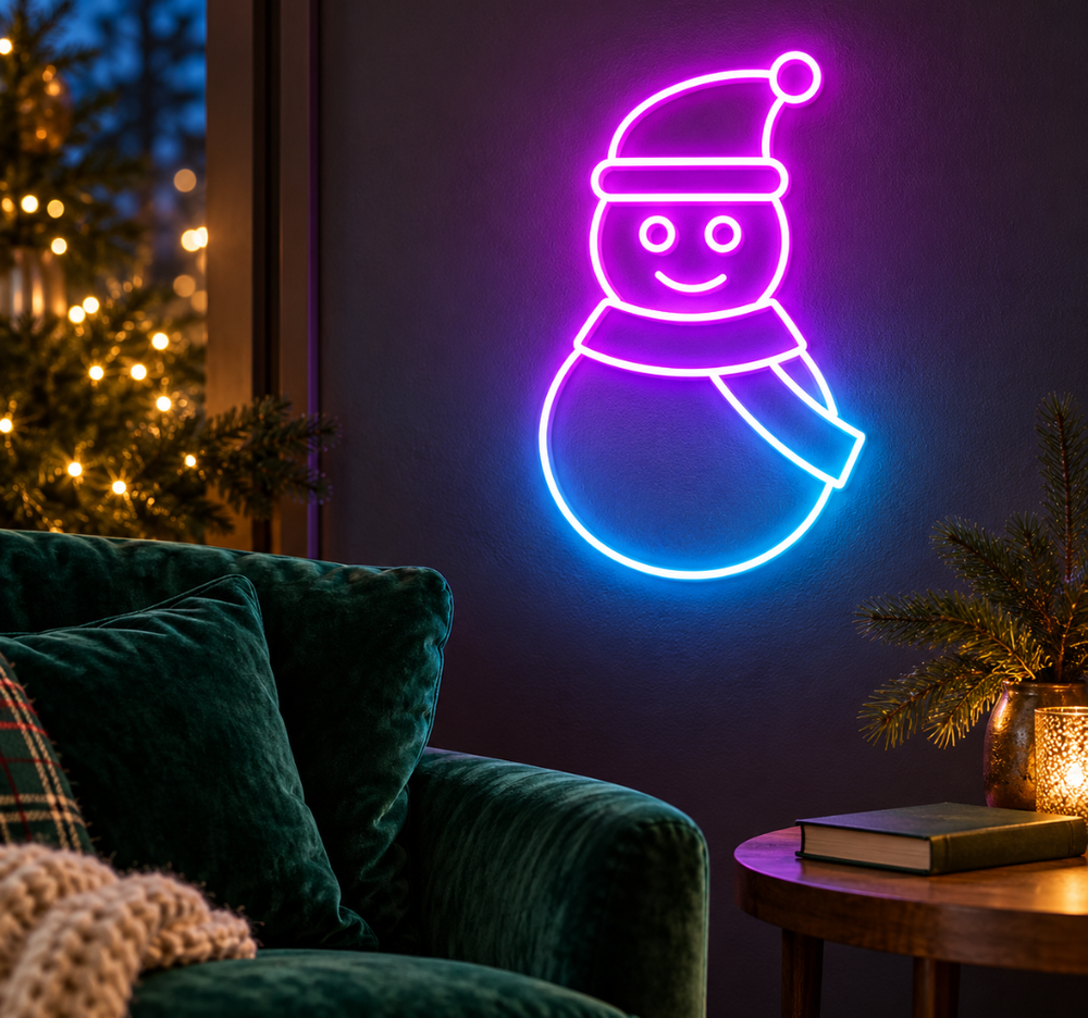 Smiling Snowman Neon Sign with Hat and Scarf – Pink and Blue Christmas Decor