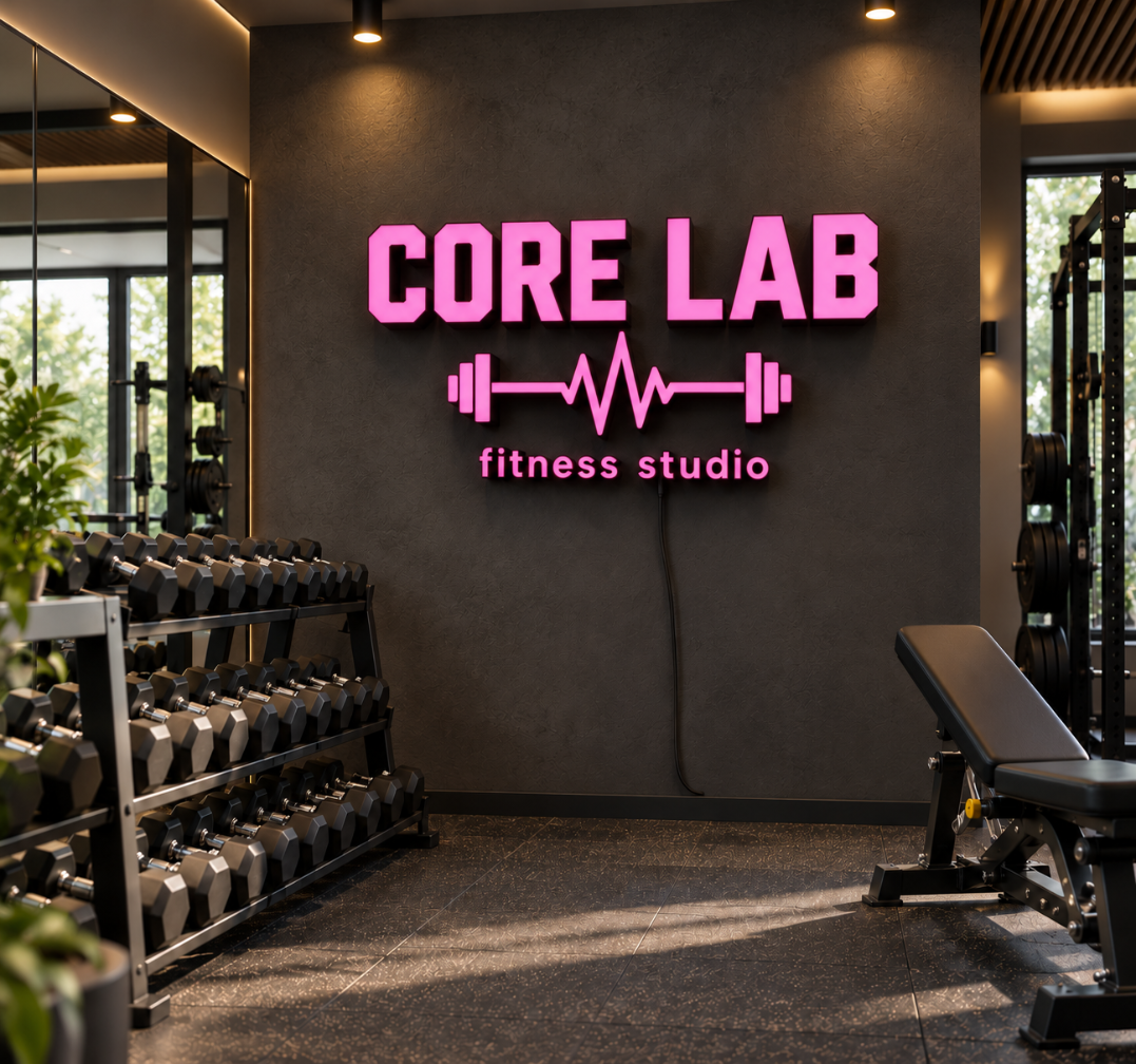 CORE LAB Pink Front-Lit 3D Letters – Fitness Studio Wall Sign