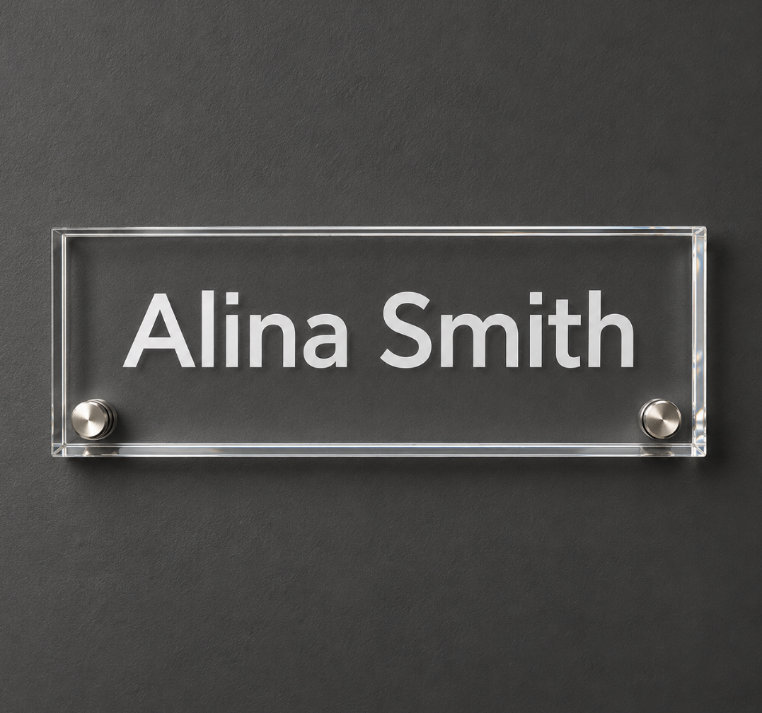 Personalized Clear Acrylic Office Door Name Sign with Silver Text