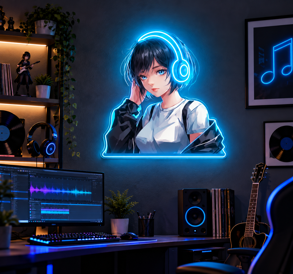 Anime Girl Neon Sign – LED Headphone Gamer Wall Art