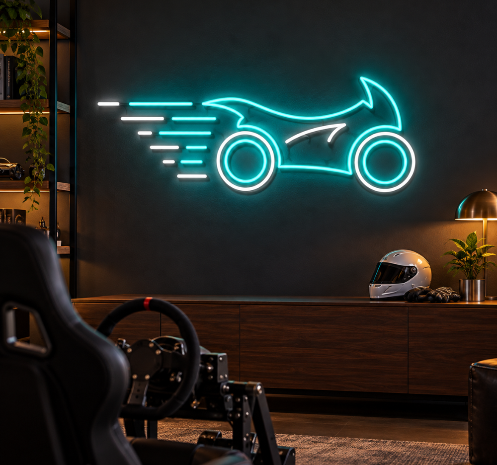 Sports Car Neon Sign with Aqua Outline, White Wheels and Speed Lines