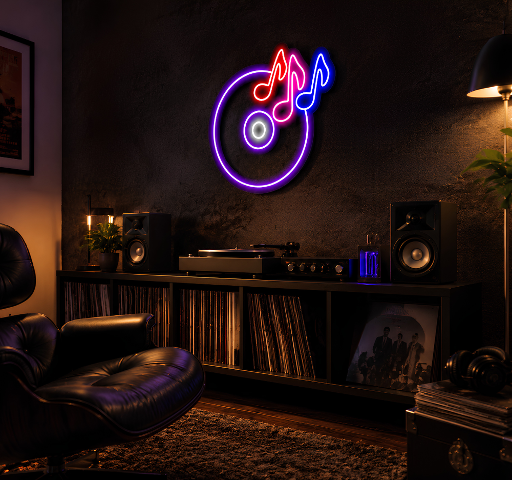 CD With Musical Notes Neon Sign – Music Lover LED Wall Decor