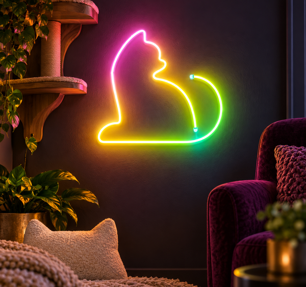 Sitting Cat Neon Sign with Curved Tail – Multicolor Cat Wall Decor