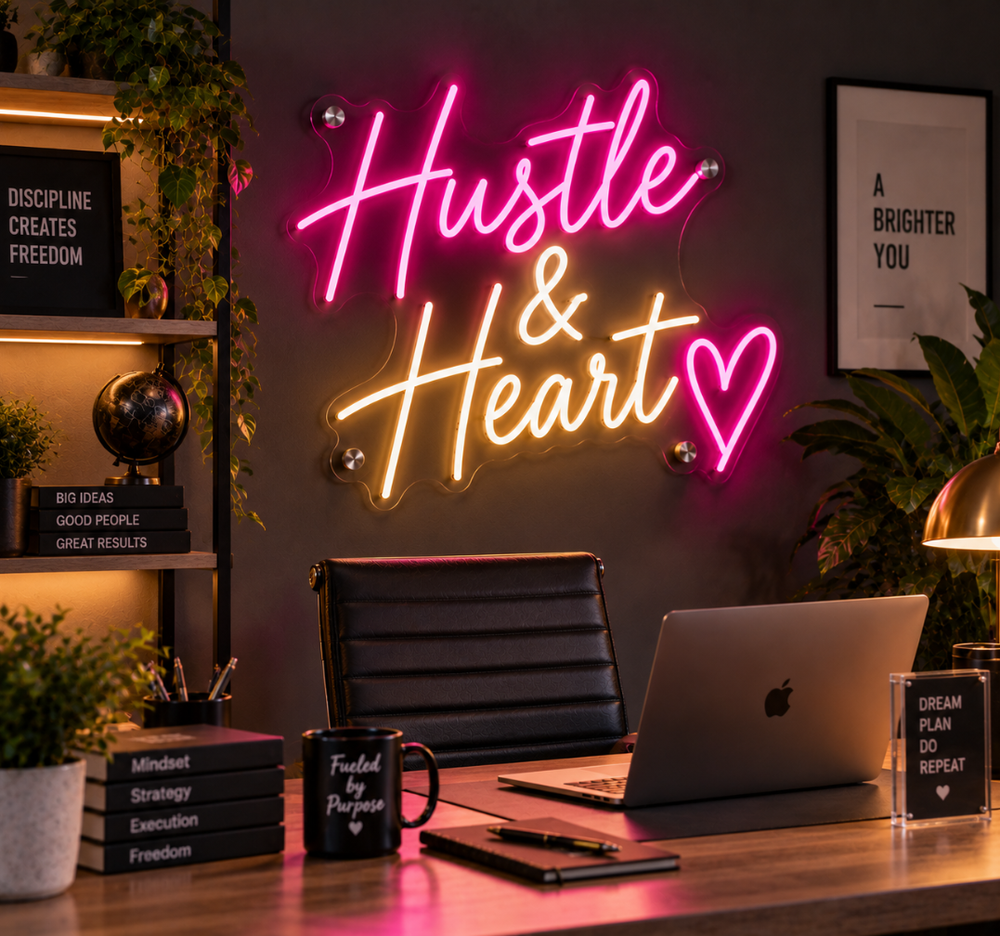 Hustle & Heart Office Neon Sign – Inspirational LED Wall Decor for Workspaces