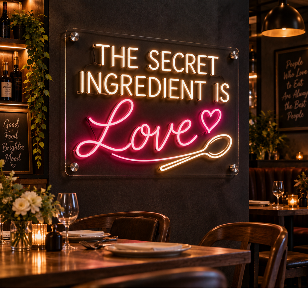 The Secret Ingredient Is Love Restaurant Neon Sign – Inspirational Kitchen LED Wall Decor