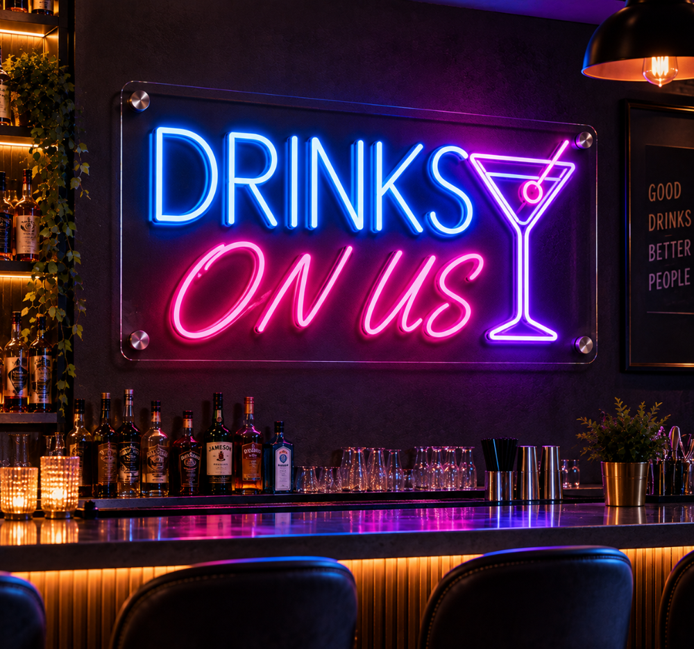 DRINKS ON US Bar Neon Sign – Fun Cocktail Lounge LED Wall Decor