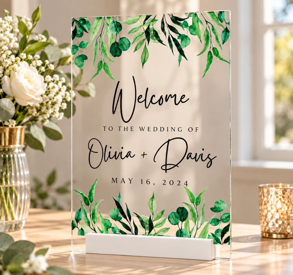 UV Printed Acrylic Wedding Welcome Sign – Greenery Design