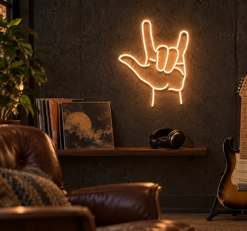 Rock On Hand Gesture Neon Sign with Warm White Outline