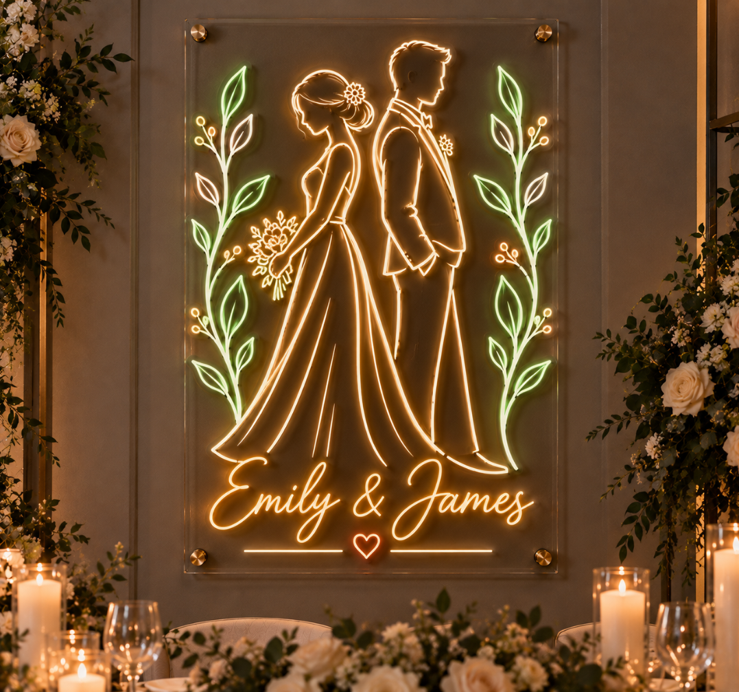 Back-to-Back Couple Neon Sign – Vertical Romantic Wedding Wall Decor