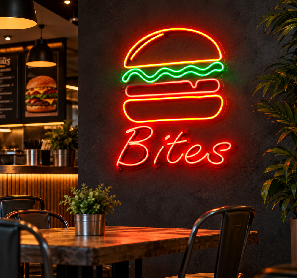 Burger Bites LED Neon Sign – Restaurant & Fast Food Wall Decor