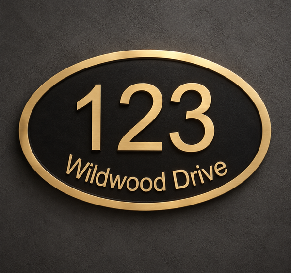 Custom Oval House Number Plaque – Black and Gold Address Sign