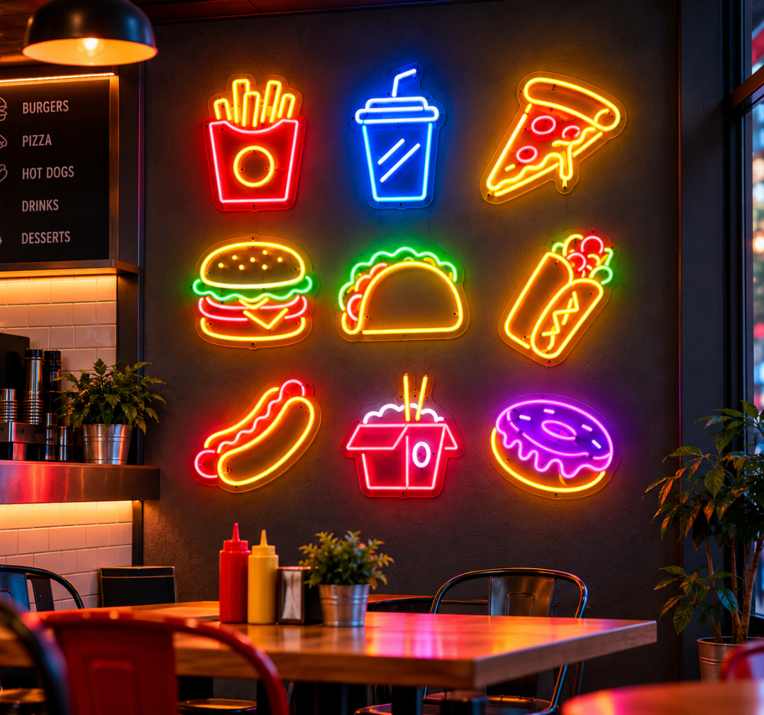 Fast Food LED Neon Signs for Restaurant, Cafe & Kitchen Wall Decor