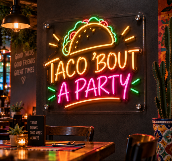 TACO ’BOUT A PARTY Restaurant Neon Sign – Fun Taco Bar LED Wall Decor
