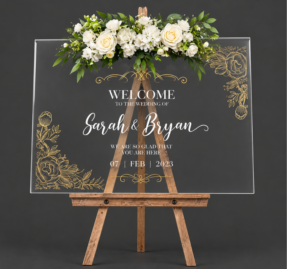 Personalized Acrylic Wedding Welcome Sign with Floral Gold Design