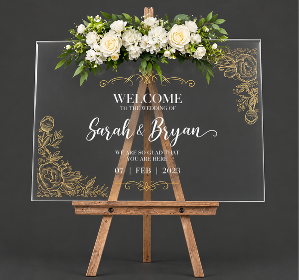 Personalized Acrylic Wedding Welcome Sign with Floral Gold Design
