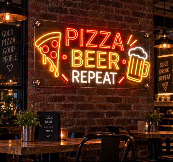 PIZZA • BEER • REPEAT Neon Sign – Fun Restaurant and Bar LED Wall Decor