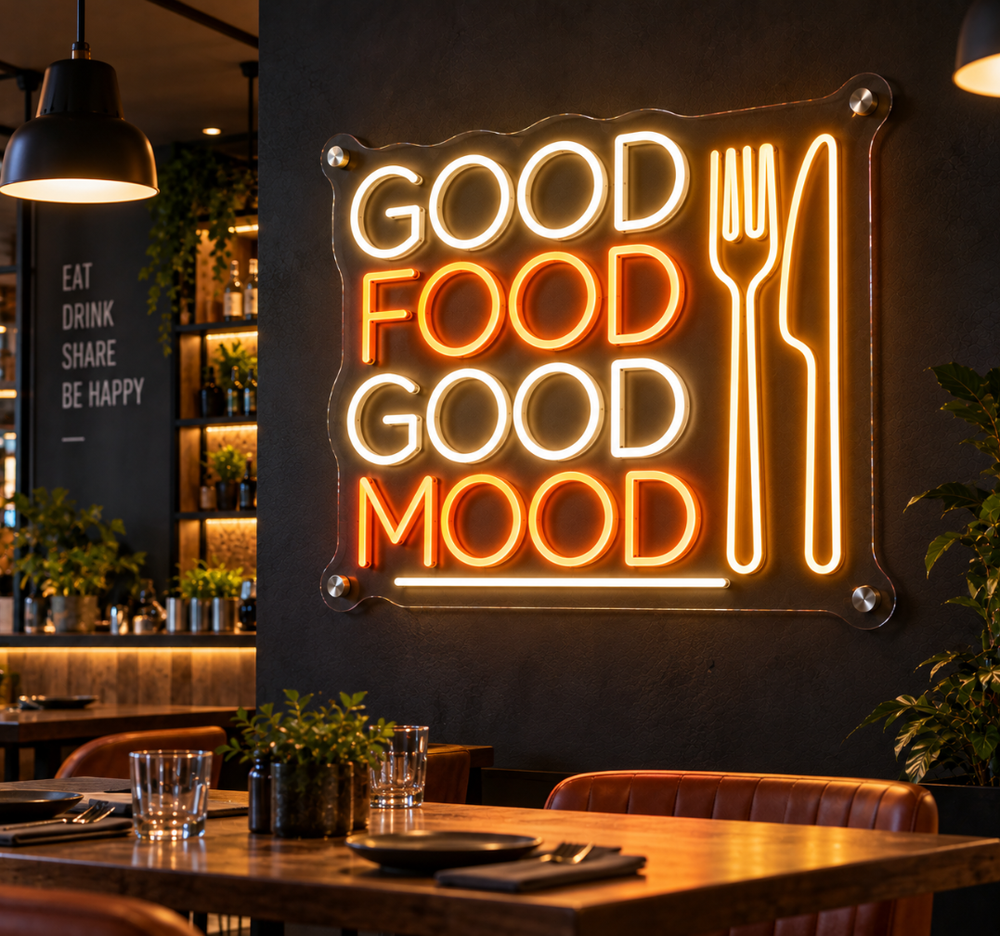 GOOD FOOD GOOD MOOD Neon Sign – Restaurant and Kitchen LED Wall Decor