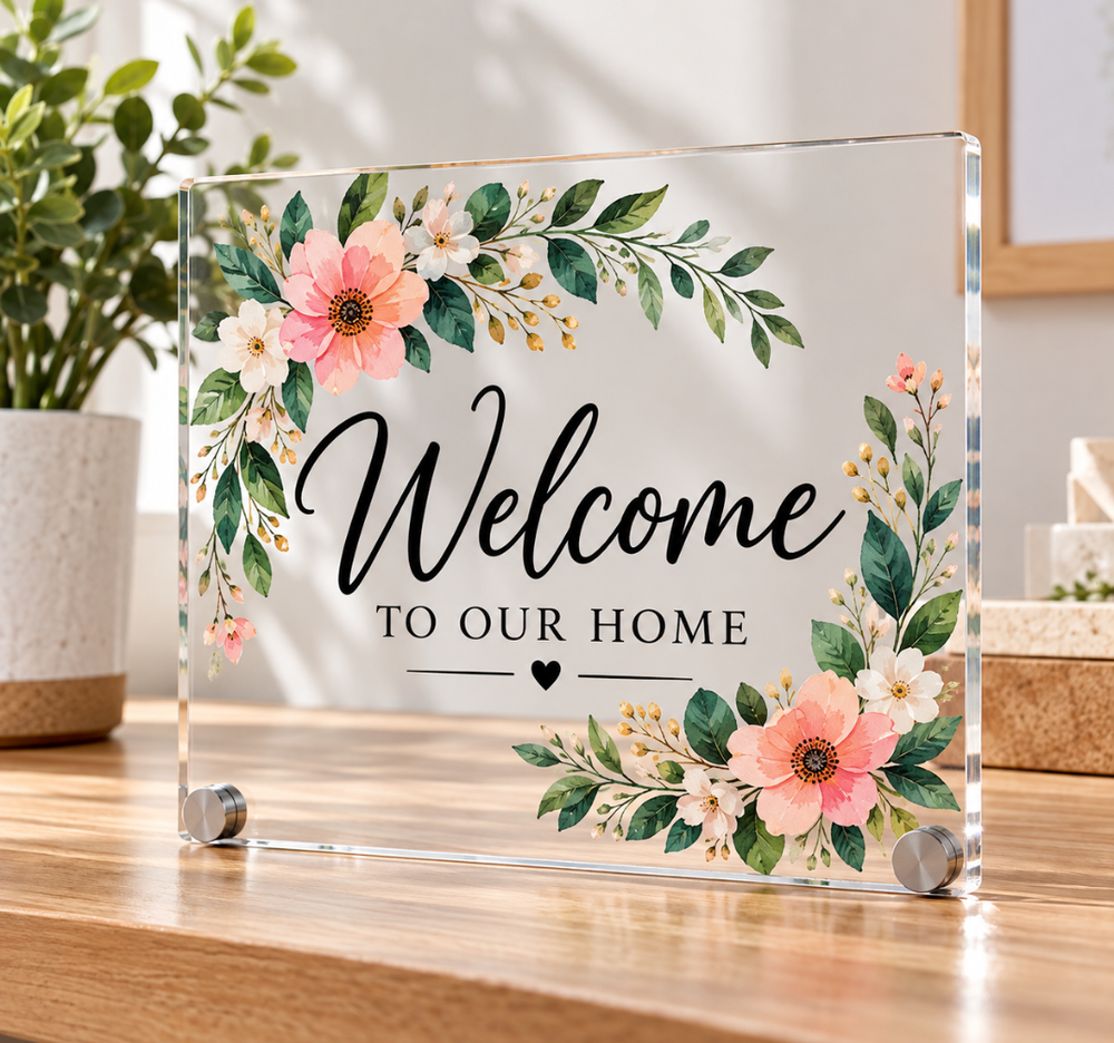 UV Printed Acrylic Welcome Sign – Floral Home Decor Display