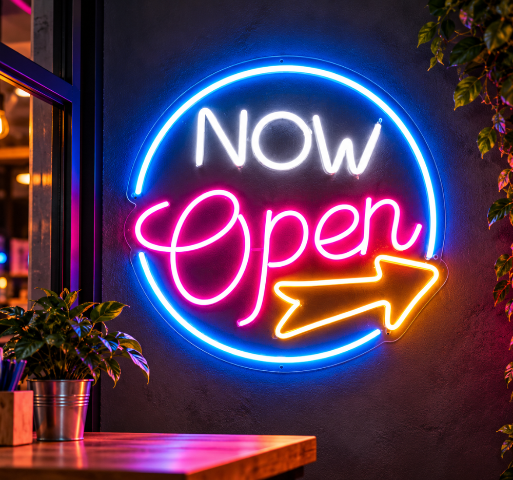Now Open LED Neon Sign with Arrow for Business & Storefront Decor