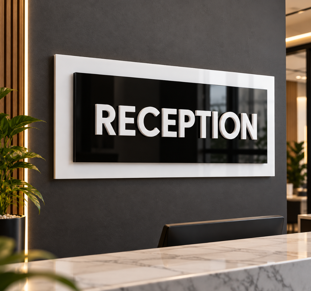 Round Acrylic Reception Wall Sign – Luxury Black & Gold Office Decor