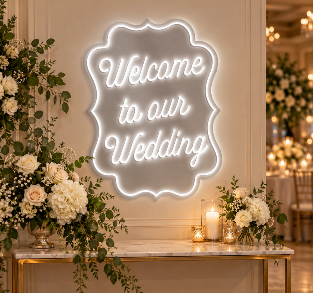 Wedding White Neon Sign with Cursive Lettering for Reception Decor
