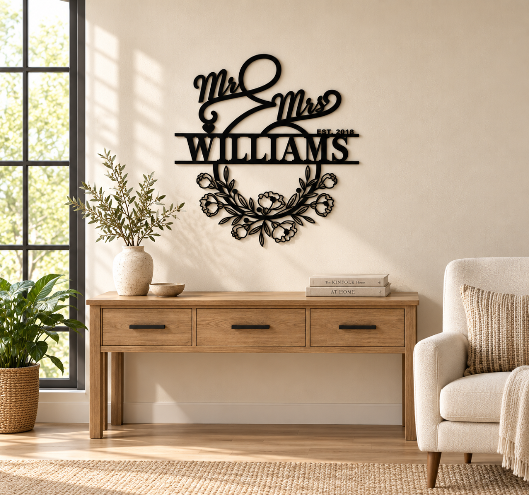 Mr & Mrs Metal Name Sign with Floral Wreath Wall Decor
