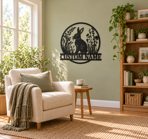 Rabbit Metal Name Sign – Floral Woodland Wall Decor