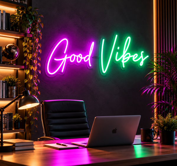 Good Vibes Neon Sign – Purple & Green LED Inspirational Wall Decor
