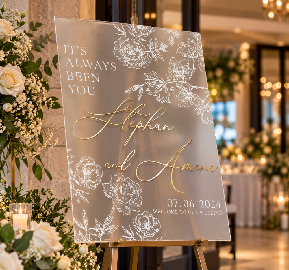 Personalized Frosted Acrylic Wedding Welcome Sign – Floral Decor