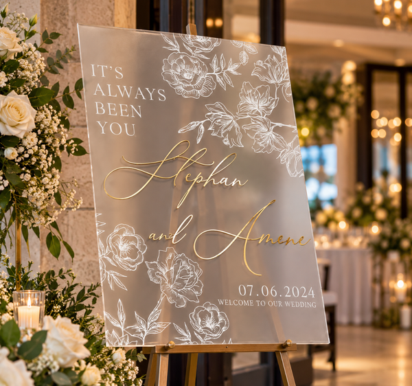 Personalized Frosted Acrylic Wedding Welcome Sign – Floral Decor