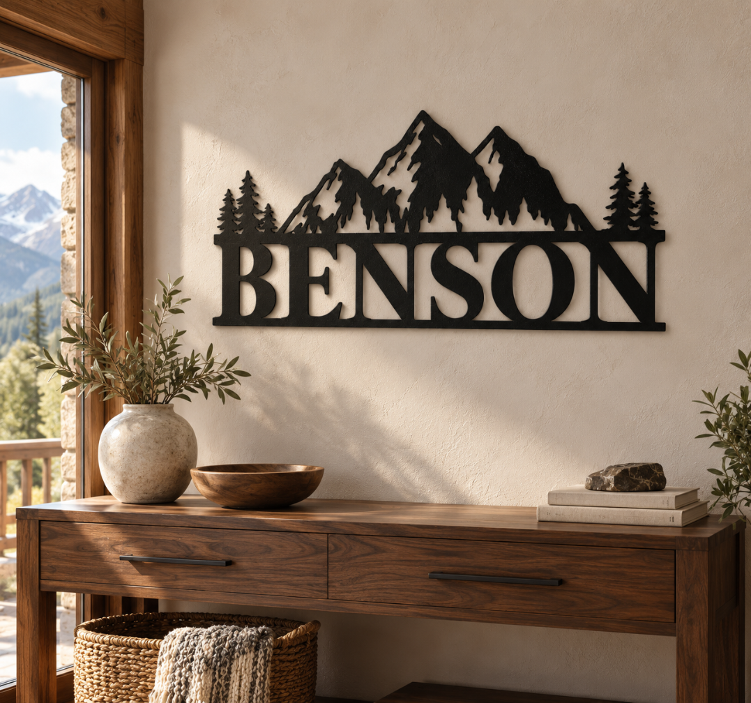Benson Mountain Metal Name Sign – Rustic Cabin Wall Decor