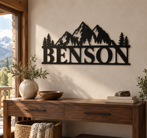 Benson Mountain Metal Name Sign – Rustic Cabin Wall Decor