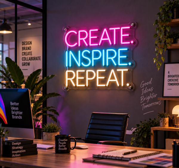 Create. Inspire. Repeat. Neon Sign – Creative Office and Studio LED Wall Decor