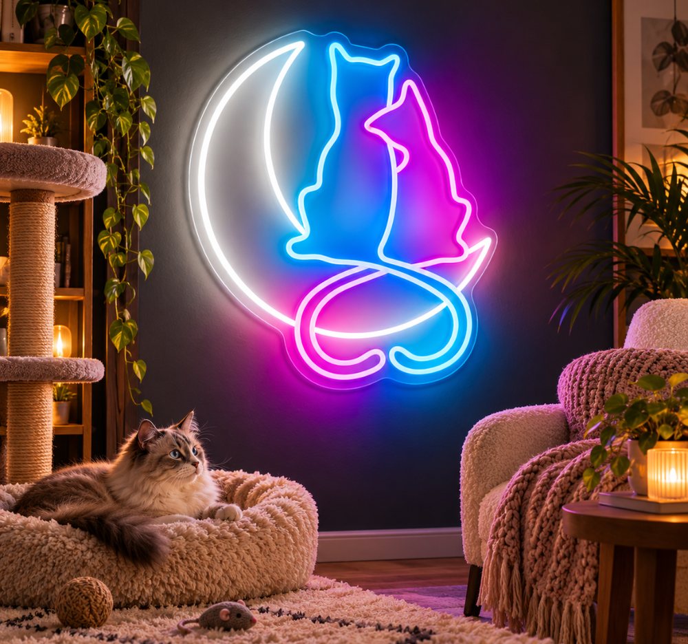 Cat and Dog on Moon LED Neon Sign – Pet Lover Wall Decor