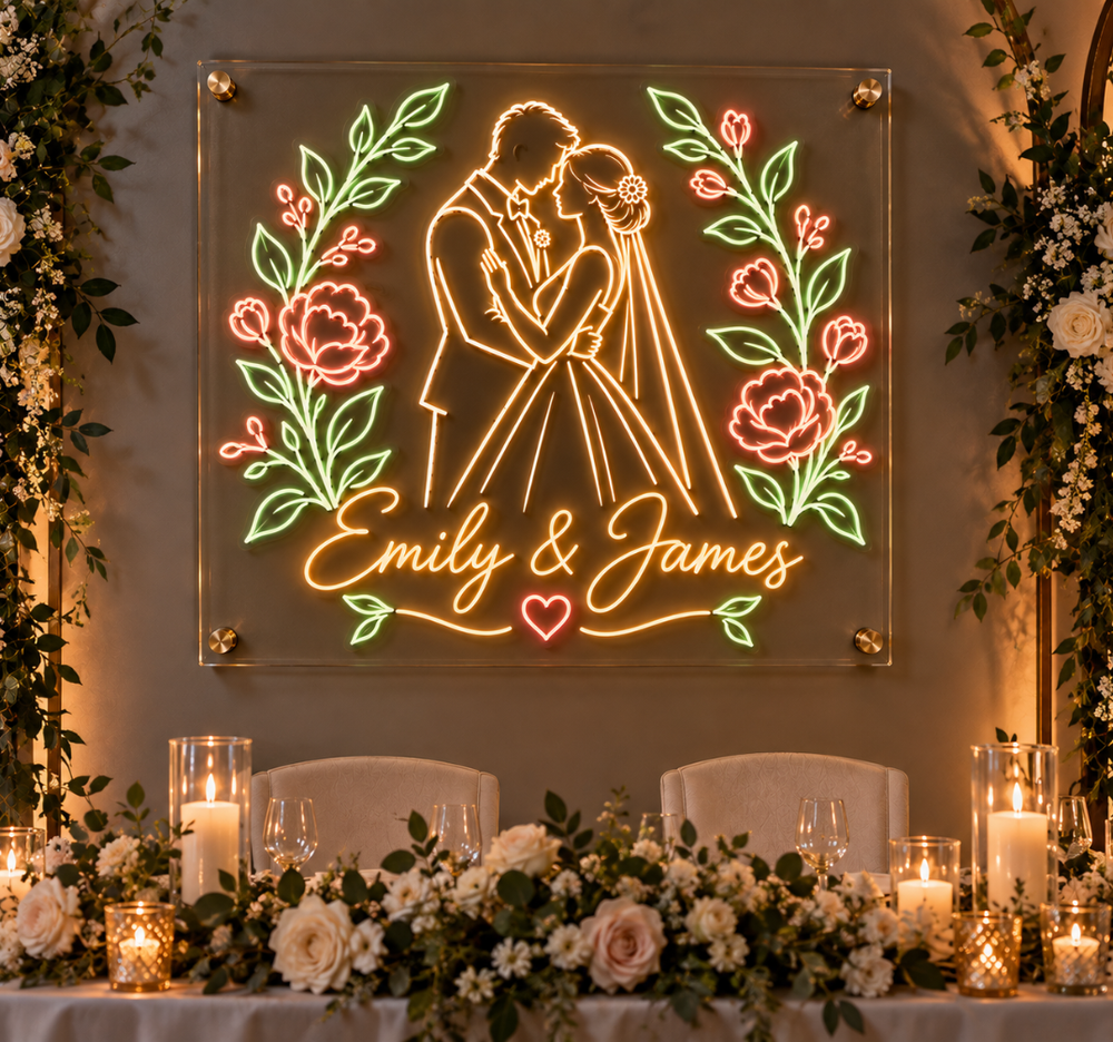 Couple with Elegant Floral Arch Neon Sign – Romantic Wedding Wall Decor