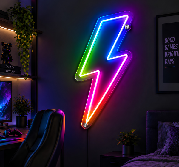 RGB Lightning Bolt Neon Sign – Colorful LED Wall Decor & Electric Bolt Artwork