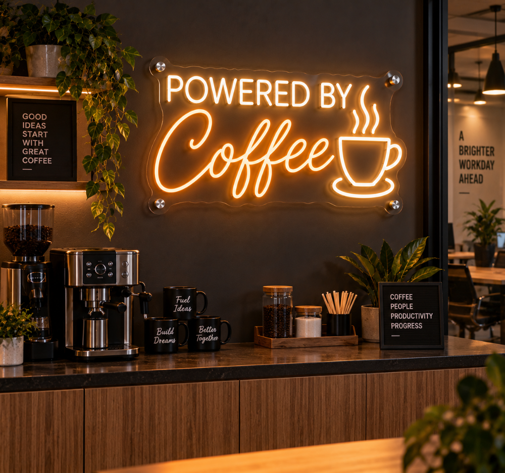 Powered By Coffee Office Coworking Neon Sign – Fun Coffee-Themed LED Wall Decor
