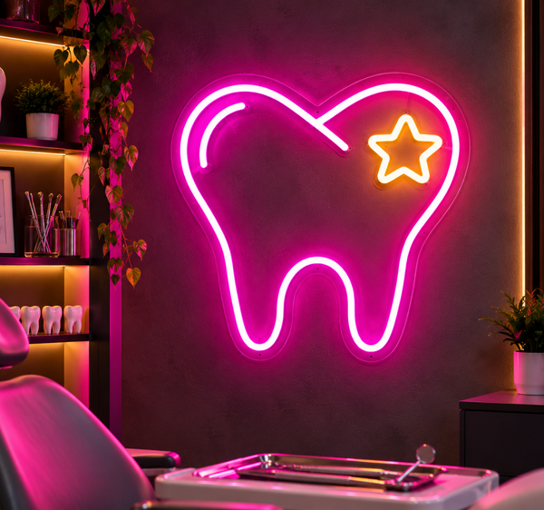 Tooth LED Neon Sign with Star for Dental Clinic & Office Wall Decor