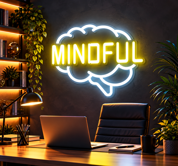 Mindful Neon Sign – Yellow LED Brain Wall Art & Inspirational Decor