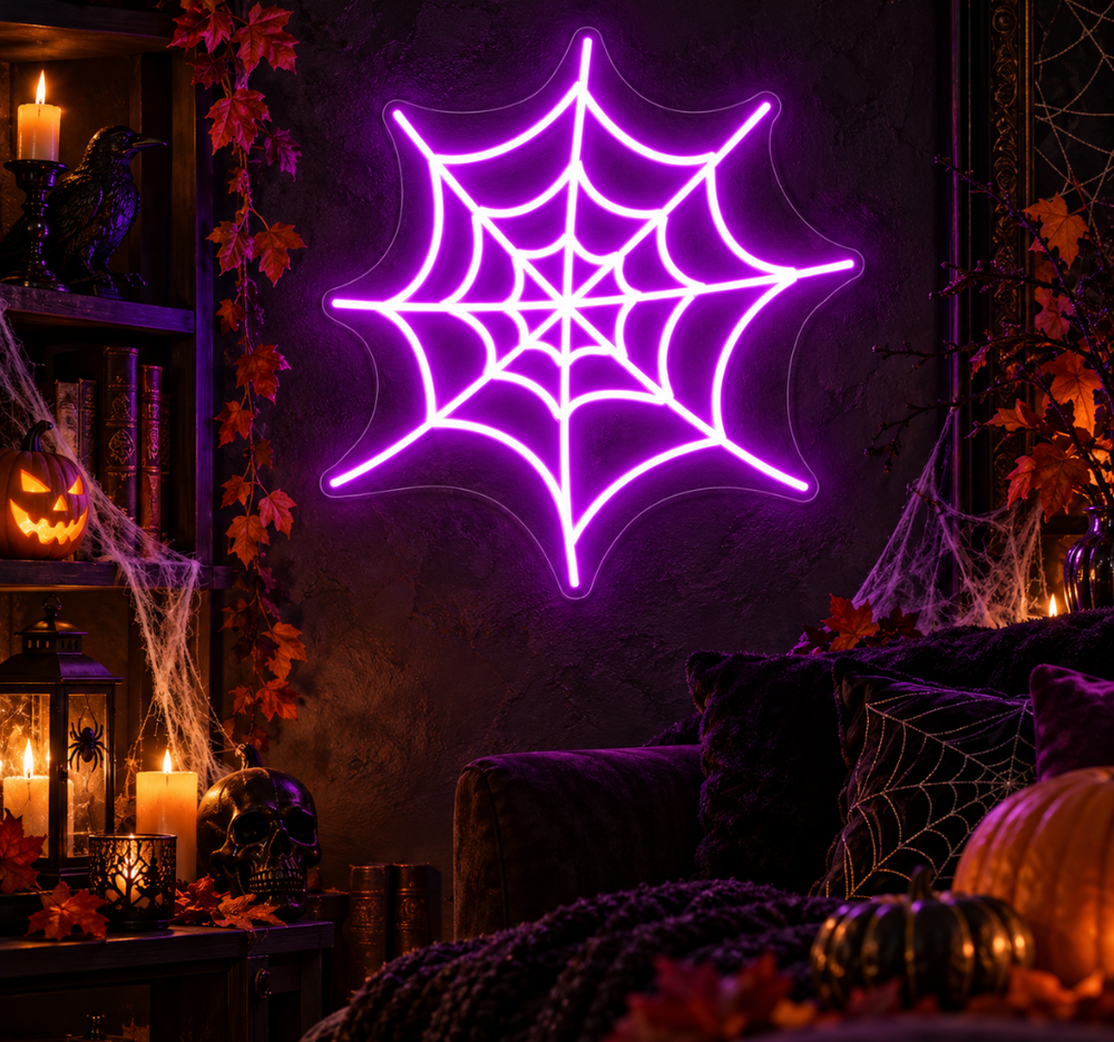 Purple Spider Web LED Neon Sign – Halloween Wall Decor