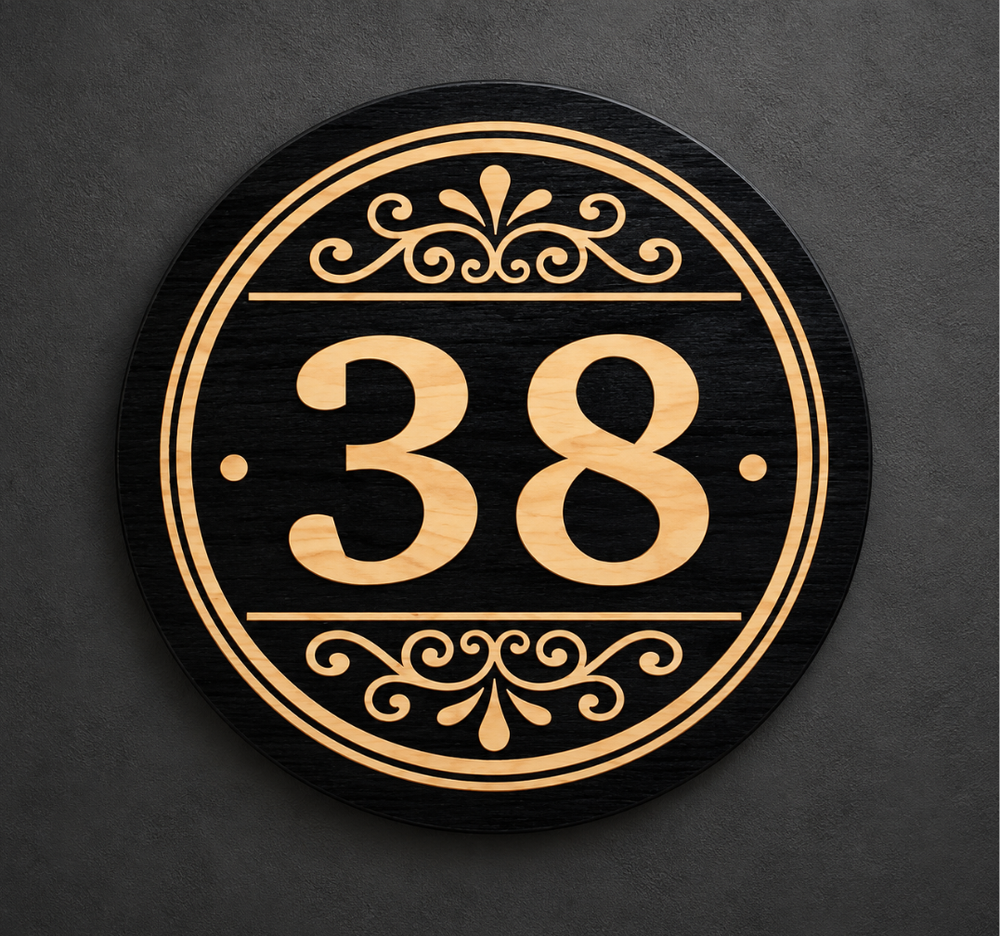 Custom Round House Number Plaque – Black and Gold Address Sign