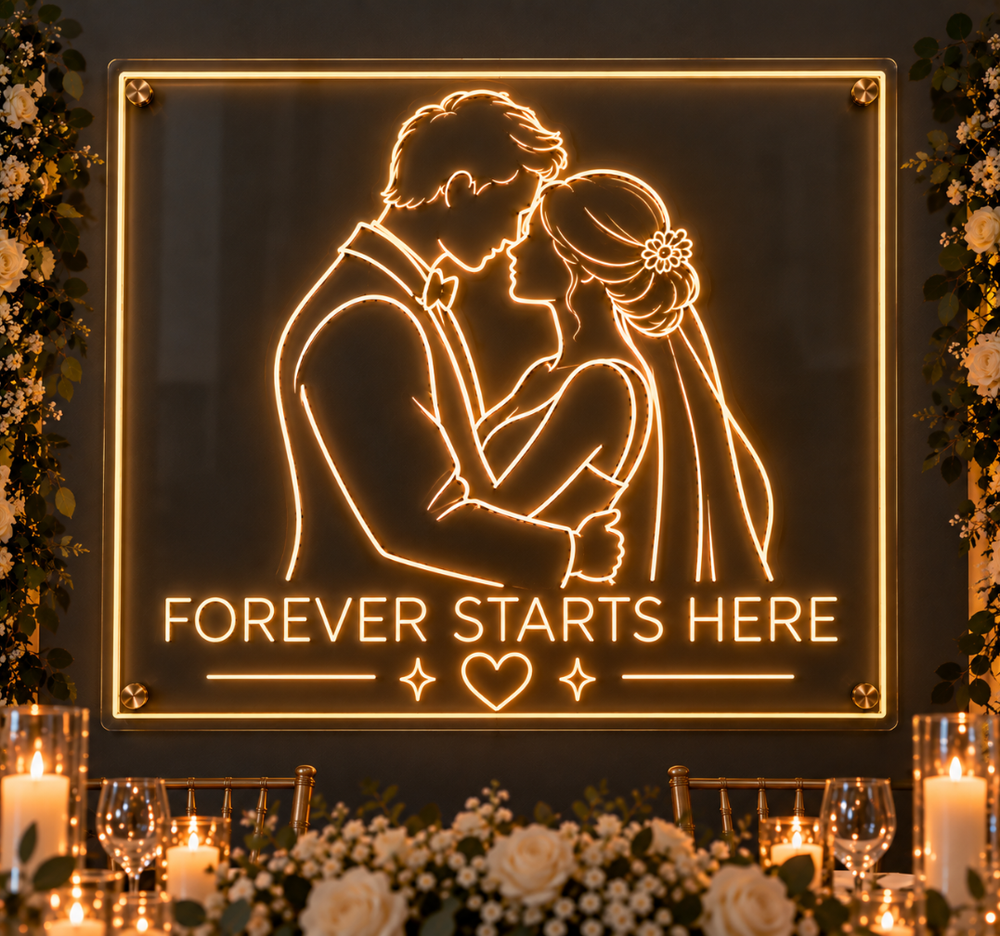 Wedding Photo Forever Starts Here Neon Sign – Romantic Wedding Reception Decor