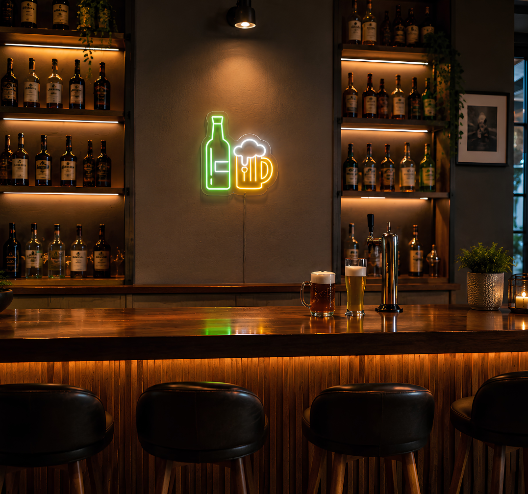 Beer Bottle & Mug Neon Sign – LED Bar, Pub & Home Bar Wall Decor