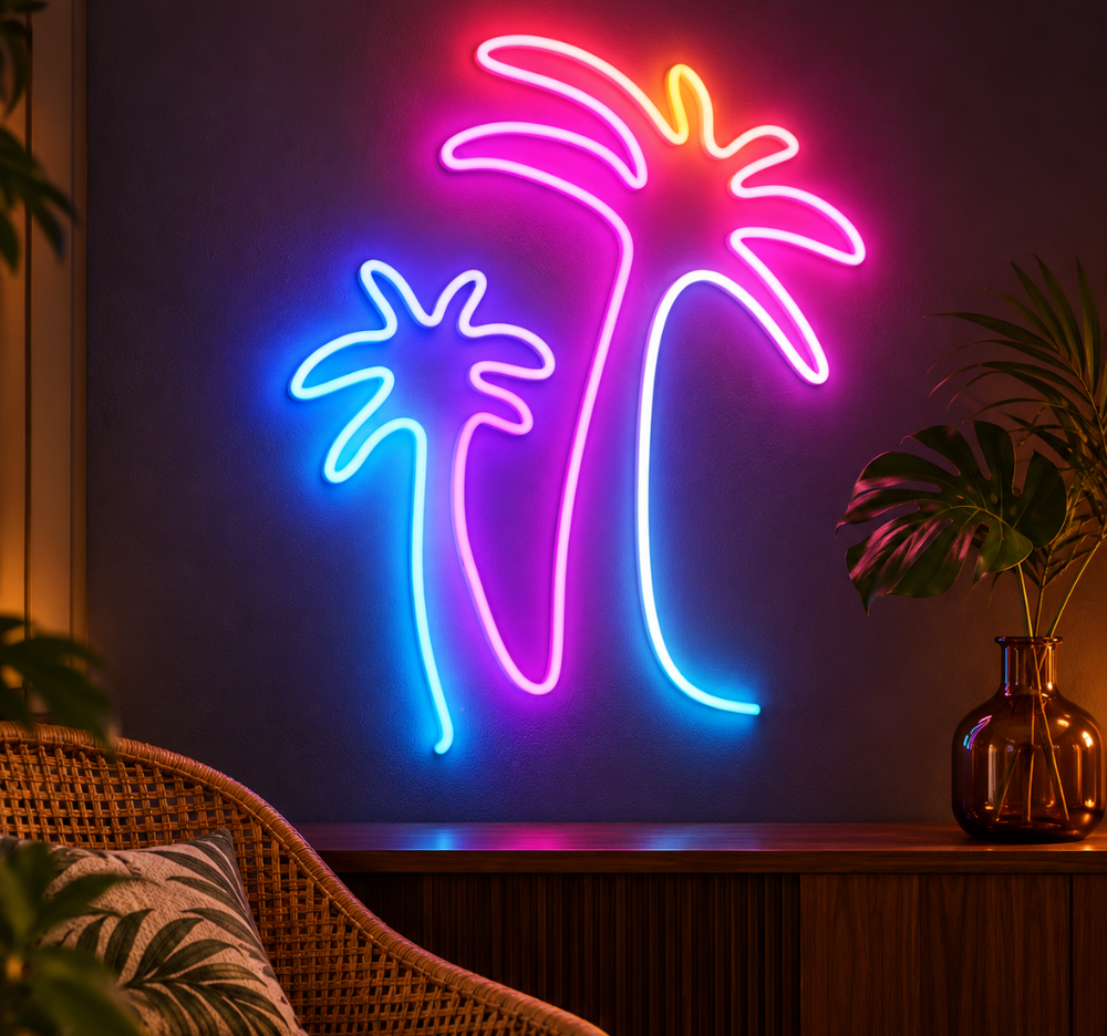 Twin Palm Tree Neon Sign with Multicolor Tropical Design